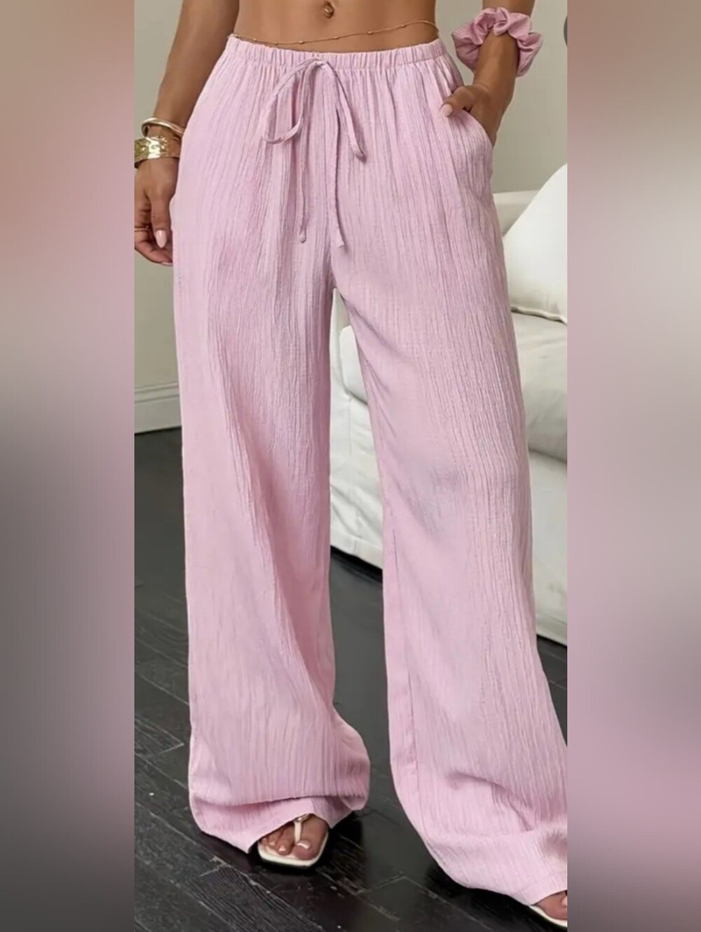 Relaxed Wide-Leg Pink Drawstring Pants - Picture 3 of 6